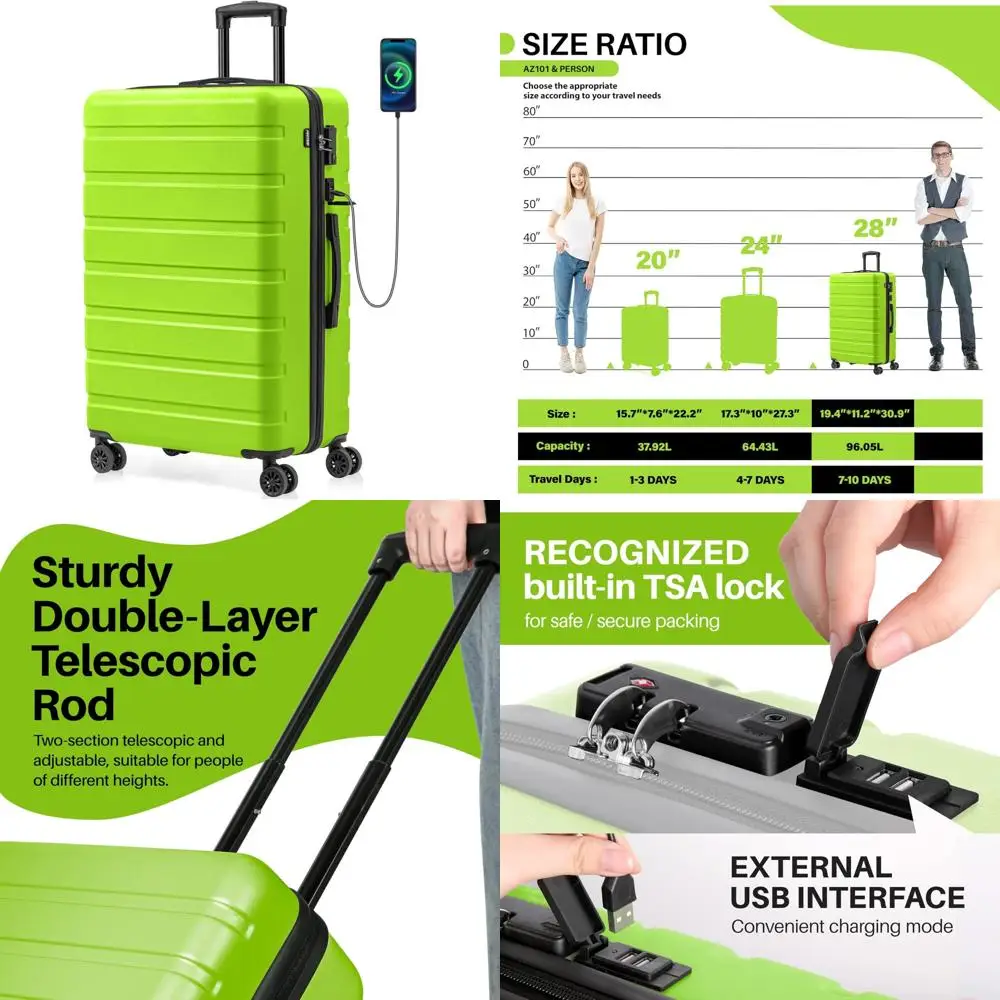 

Легкий чемодан из АБС-пластика с USB-портом, замком TSA, колесами, 28 дюймов, большой вместимости, дорожный чемодан Apple Green