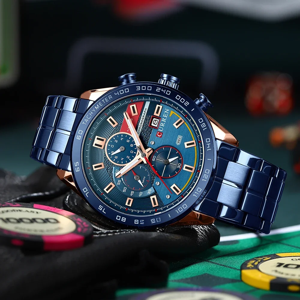 CURREN Men's Sports Watch Luxury Brand Quartz Clock Waterproof Strap Fancy Round Strap Men's Chronograph Luminous Calendar Clock