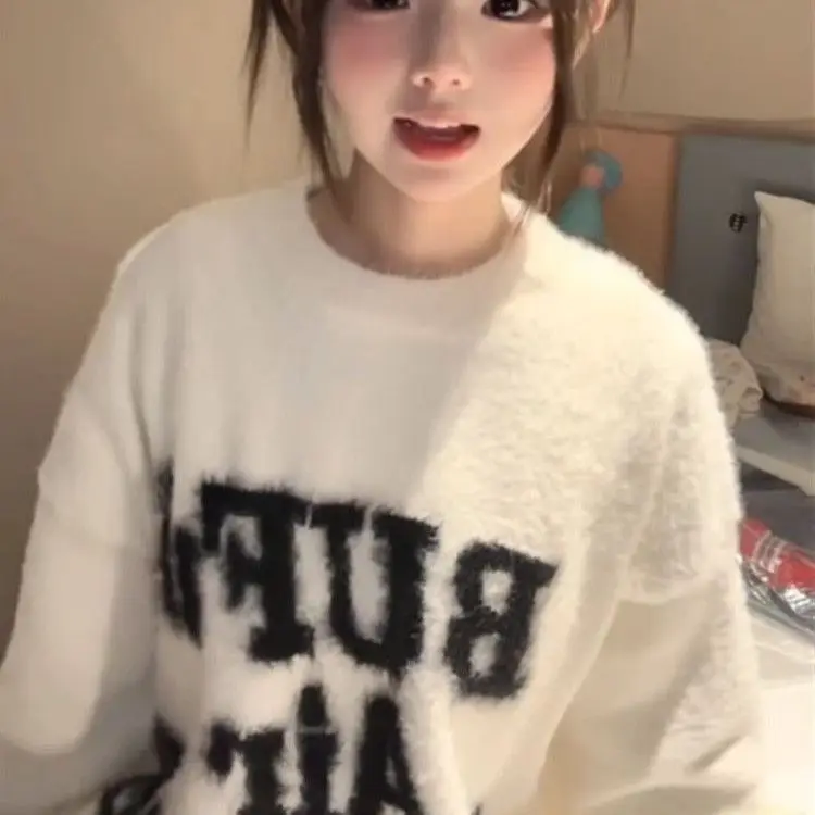 

Мужской свитер в американском ретро-стиле с круглым вырезом и надписью, вязаный, мягкий, из полиэстера, осенний, для пар, в стиле High-End Trend