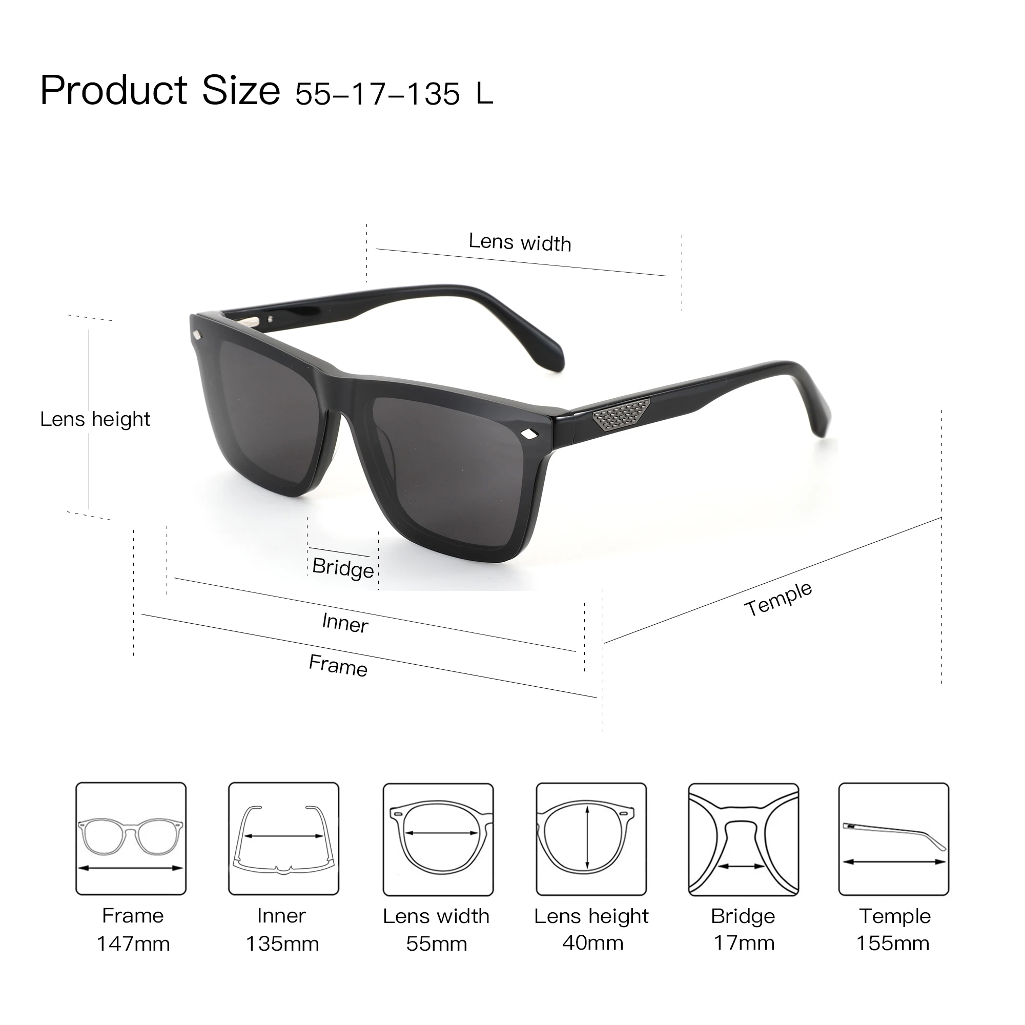 AIR EIGHT Rectangle Acetate Clip on Prescription Glasses For Men Magnetic Polarized Myopia Lenses Photochromic Optical Eyewear