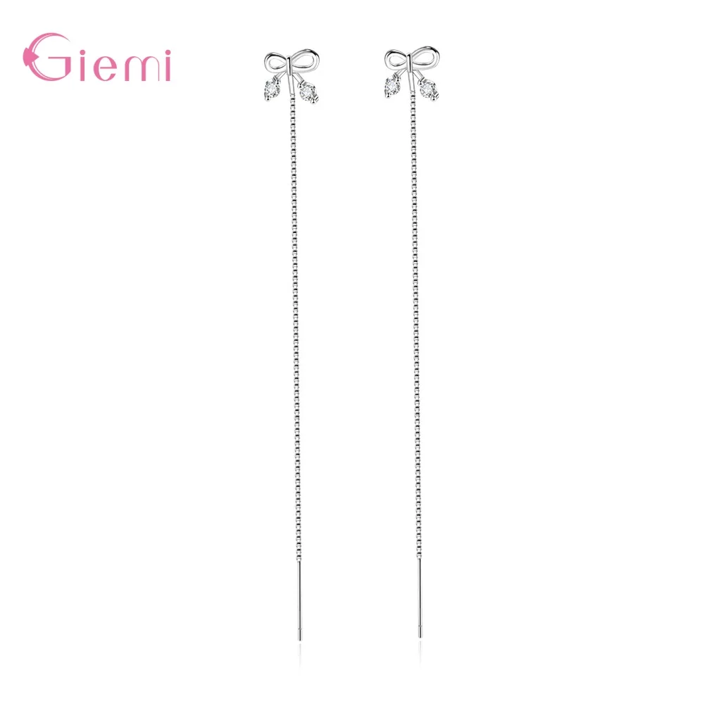 Bowknot Pattern Long Tassel Earrings Genuine 925 Sterling Silver  Drop Earrings Gift For Women Fine Original Jewelry