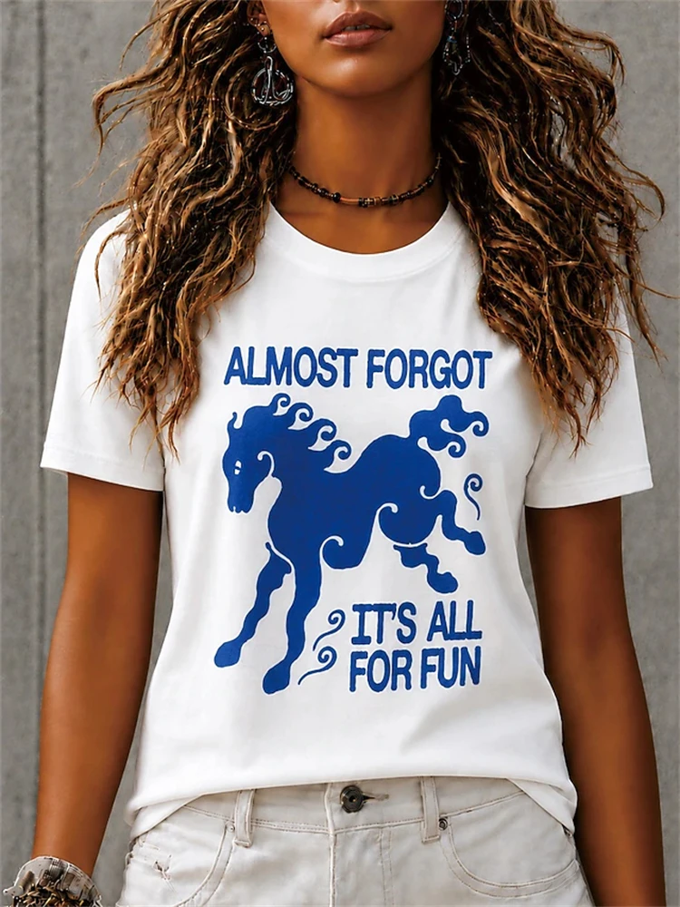 2026 Summer Women's Casual and Fashionable Round-Neck Short-Sleeve Top Loose-Fit Streetwear T-Shirt with Retro Lettering Print