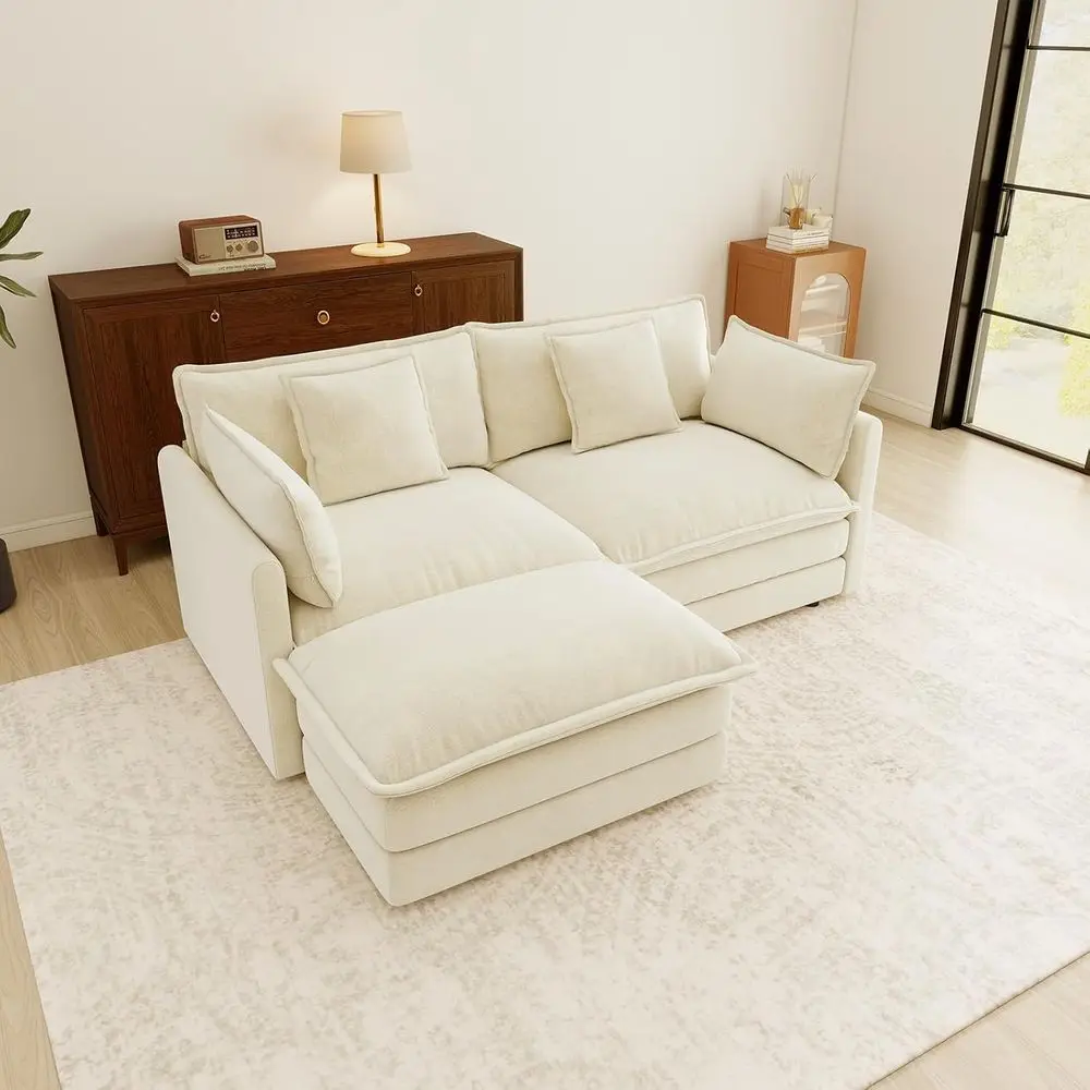 

Oversized 2-Seater Beige Chenille Sectional Sofa with Ottoman for Large Living Rooms
