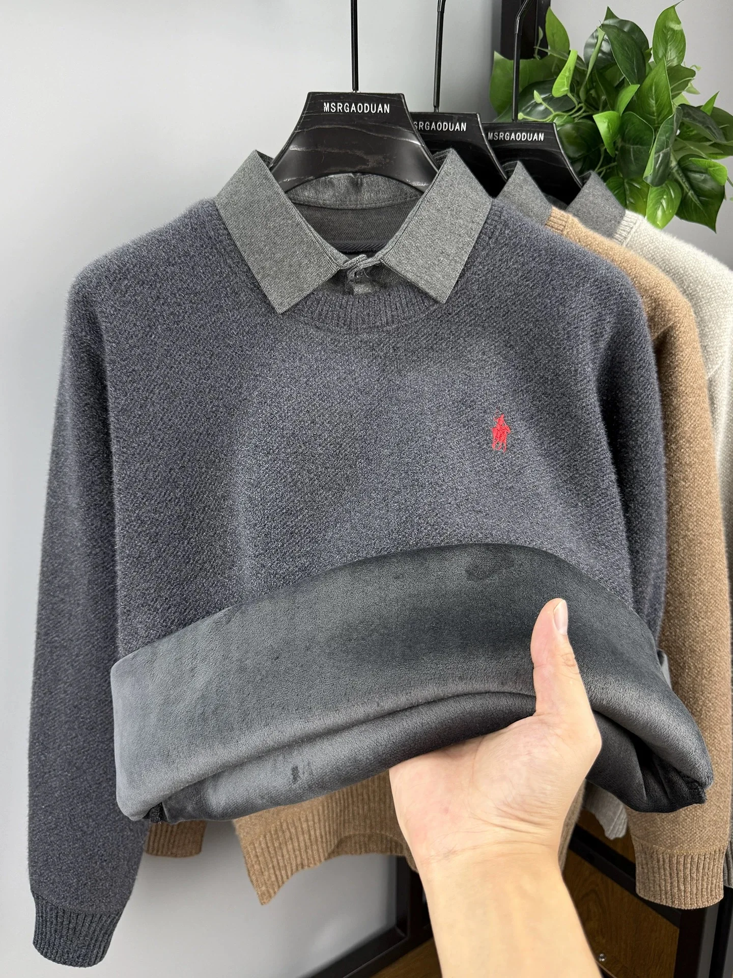 Advanced Shirt Collar Sweater Men's Trendy Luxury Brand Classic Pony Embroidery Casual Paul Top Winter Velvet Warm Knit Pullover