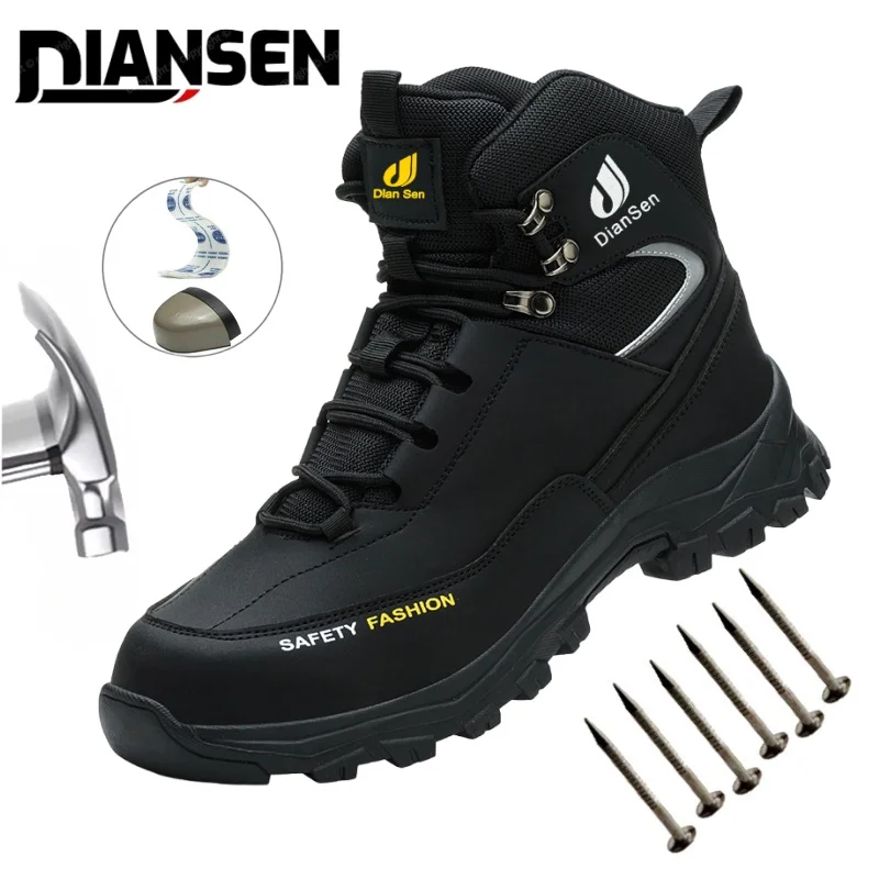 

Black Leather Work Boots Safety Steel Toe Men Breathable Safety Shoes Indestructible Puncture-Proof Non Slip Work Boots