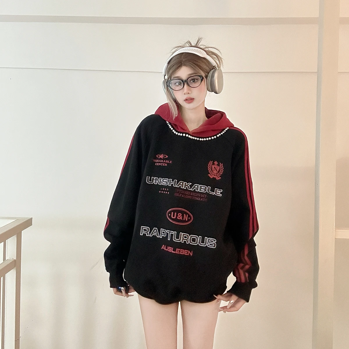 

Весенне-осенняя женская толстовка свободного кроя в американском стиле, модная, с длинными рукавами, из хлопка и полиэстера, с принтом, с капюшоном