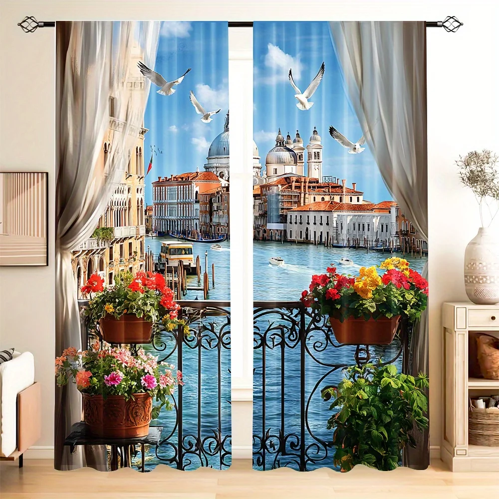 Venice Canal Balcony View Curtain, Seagull & Flower Pot Print Drape, European Scenery Window Treatment for Living Room Bedroom