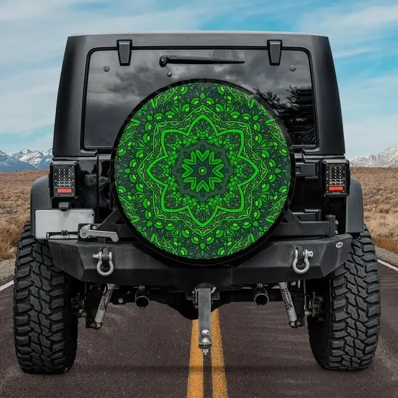 Spare Tire Cover with Mandala design, Green Mandala Spare Tire Cover for Jeep, Bronco, Backup camera hole, Green Spare Tire Cove