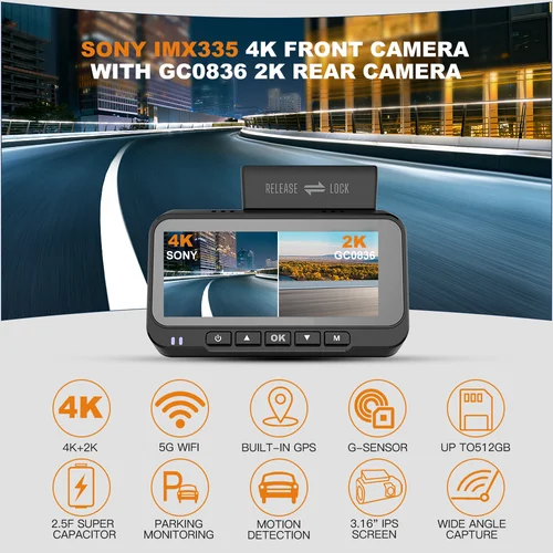 BEPOCAM ZD72 대시 캠, 전면 및 후면 4K 자동차 카메라, 내장 5G 와이파이, GPS, 야간 투시경, 24 시간 주차 모드, 자동차 DVR 지지대 후면 캠