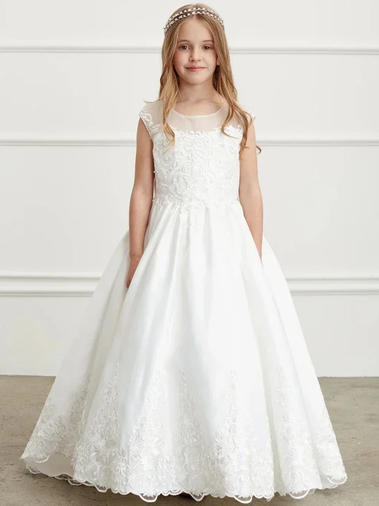 Платья для девочек-цветочниц, платья для первого причастия на день рождения, белые кружевные цветочные аппликации с бантом и шлейфом без рукавов для свадьбы