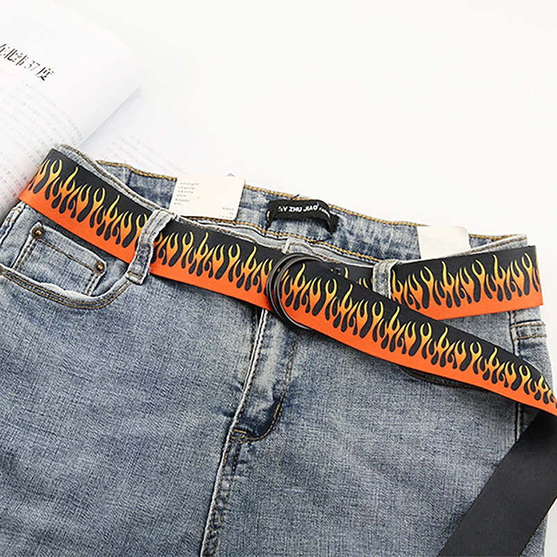 Hip Hop Fashion Men\'s Canvas Belt Personalized Casual Flame Belt Designer Belts For Women Cowboy Strap Punk