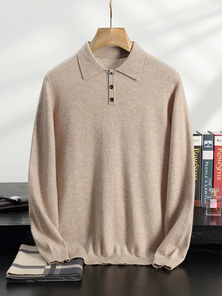 Pulôver com gola polo de caxemira masculino, camisa de malha básica, roupa casual com fundo inteligente, top, outono inverno, 100% cashmere