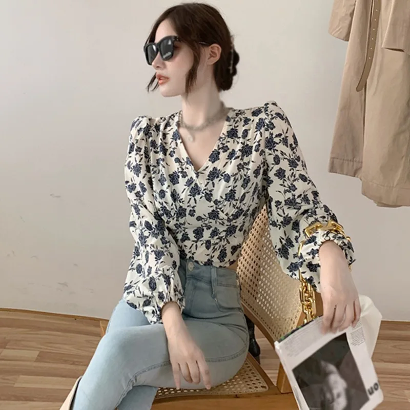 Spring Autumn Women\'s Floral Print Blouse V Neck Sexy Lace Exposed Navel Long Sleeves Chiffon Shirts Tops