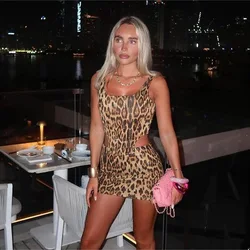 Leopard Print Sequins Two Piece Set Women Sexy U-neck Sleeveless Backless Irregular Tank Crop Tops + Mini Skirts Party Clubwear