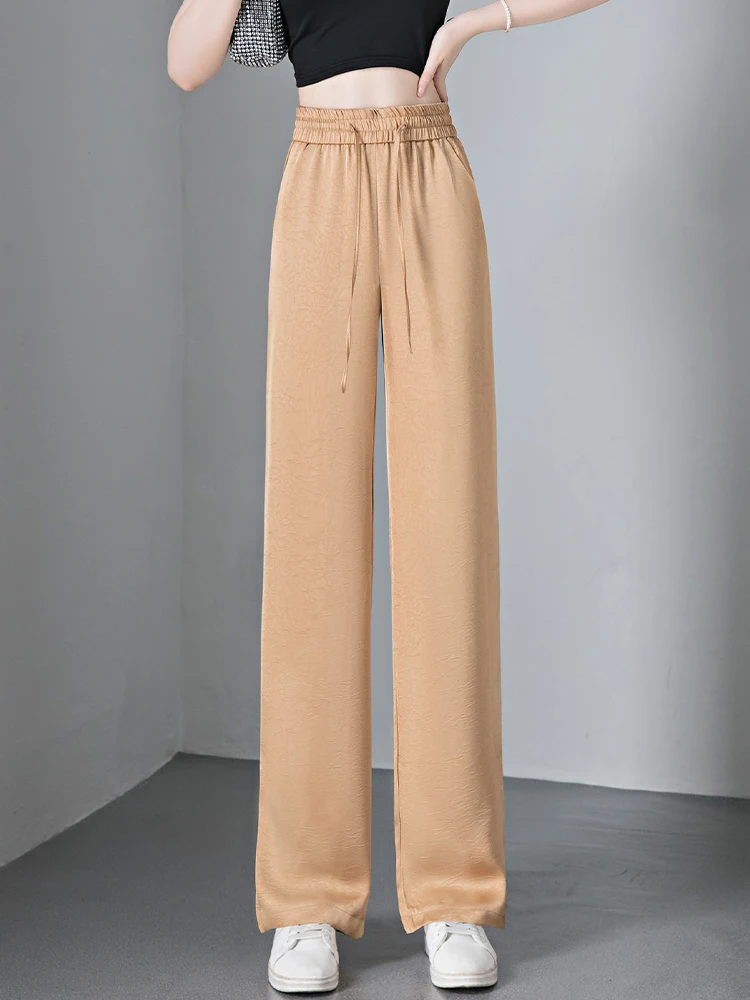 

Широкие брюки из ледяного шелка для женщин, летние тонкие повседневные брюки с высокой талией, свободные струящиеся прямые брюки, повседневные прямые брюки