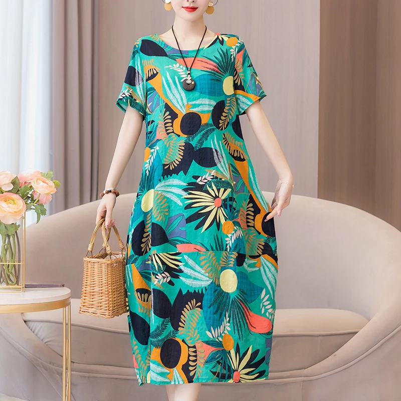 New Fashion Vintage Floral Print Short Sleeve Casual Party Femme Summer Dresses For Women 2023 O-neck Straight Women Clothing