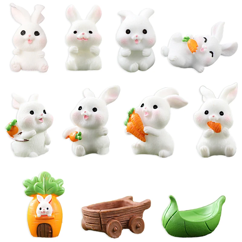 

11pcs Cartoon Carrot Rabbit Figurines Resin Bunny Micro Landscape Easter Rabbit Animals Fairy Garden Home Room Decor
