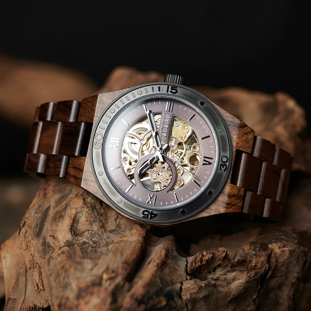 Heren Automatische Horloges Bobo Vogel Luxe Houten Holle Mechanische Horloge Mode Mannelijke Klok Aangepaste Dropshipping