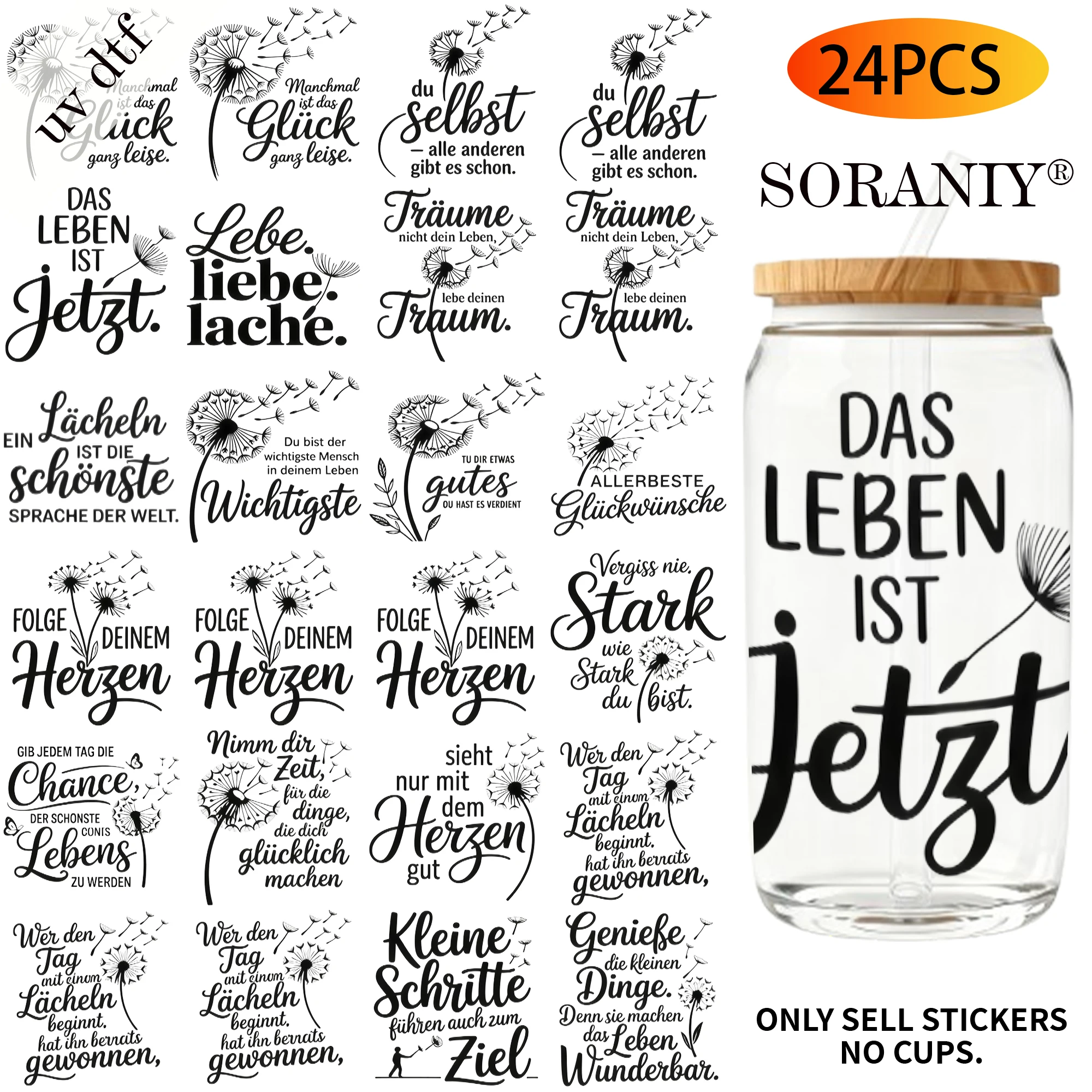 24-teiliges Set: Deutsche Löwenzahn-Aufkleber mit positiven Zitaten, UV-DTF, 16OZ DIY-Transferpapier-Set, goldener Text, für 16oz Wasserflaschen