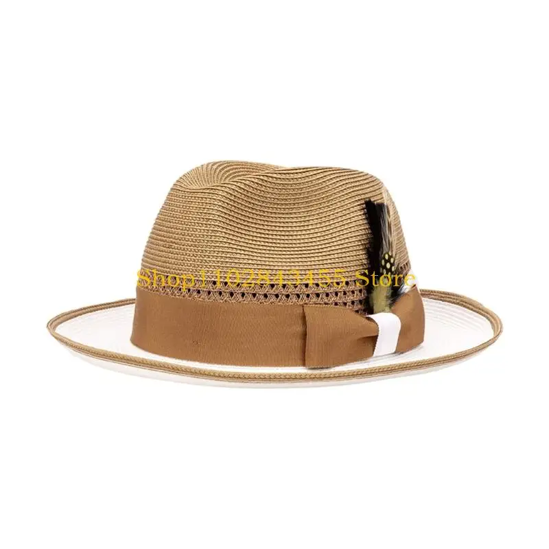 49MC Wide Brimmed Sun Hat Embellishment Lightweight Weave Material Adjustable Chin Strap Beach Party Essential
