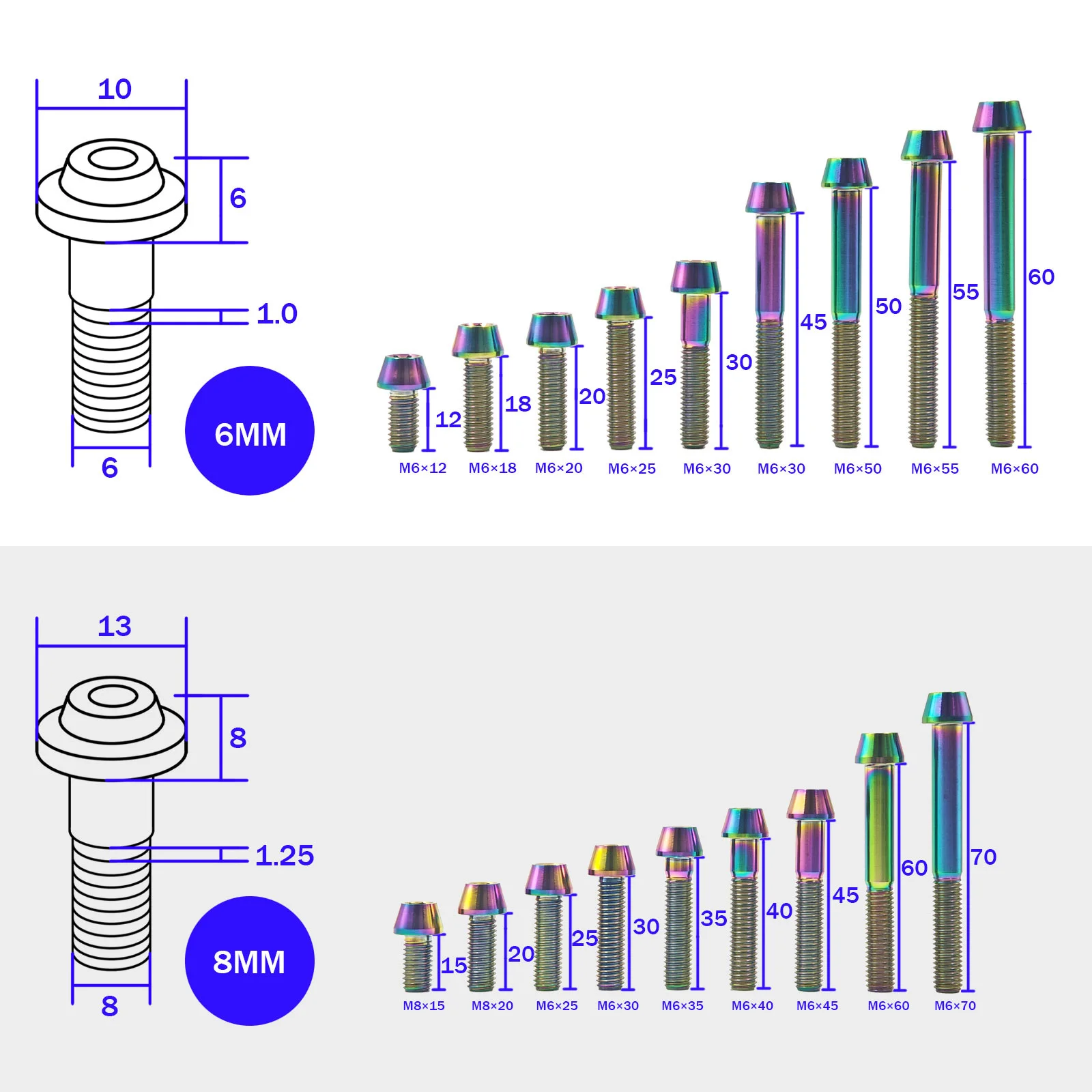M8 Pitch 1.25 Titanium Tapered Socket Cap Bolts GR5 Ti-6Al-4V for Motorcycle MTB Bicycle Disc Brake E-Bike Lightweight Rustproof