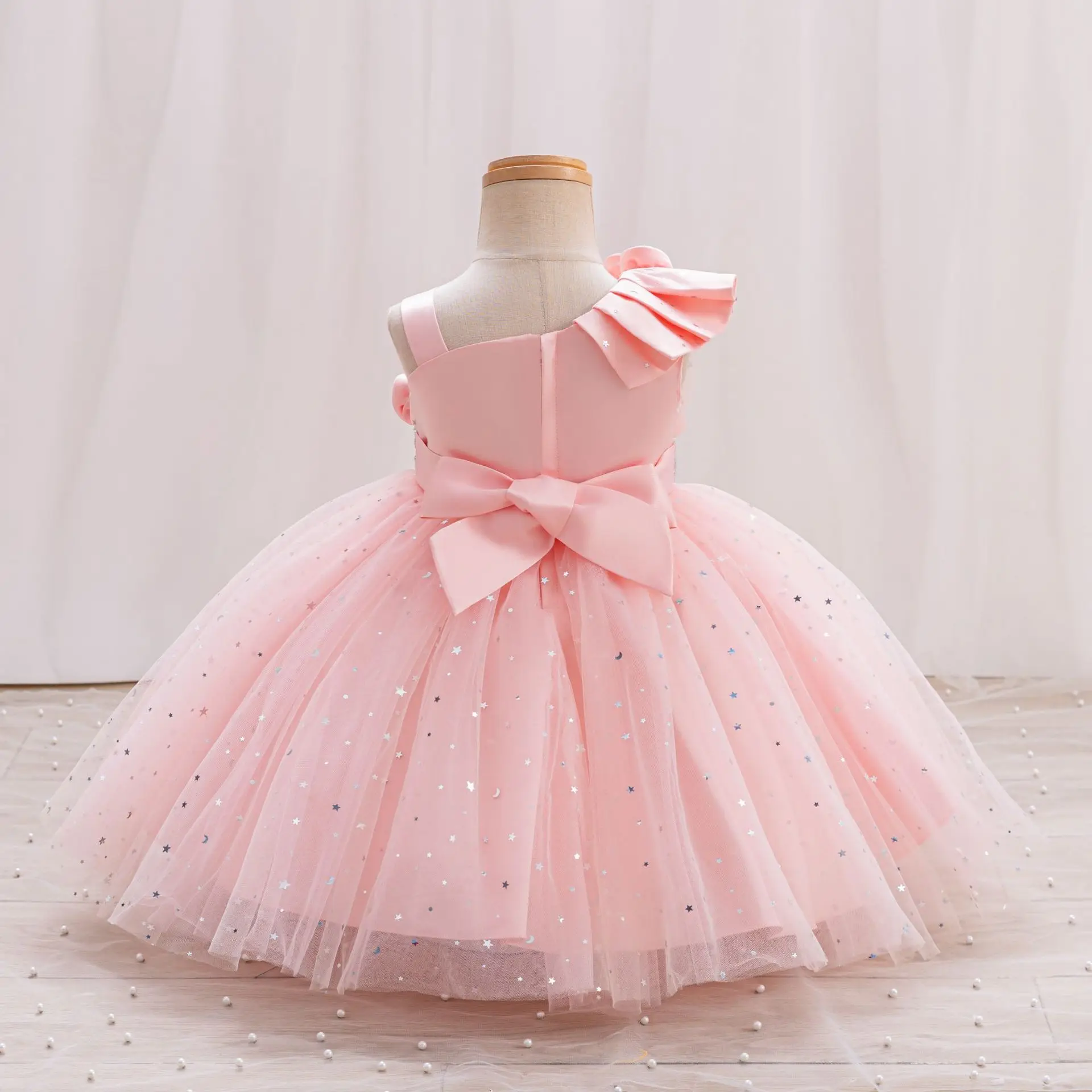 elegance oblique shoulder 3D Flower Girls Princess Dresses sequin chiffon  Baby Birthday Party Ball Gown Holy Communion baptized
