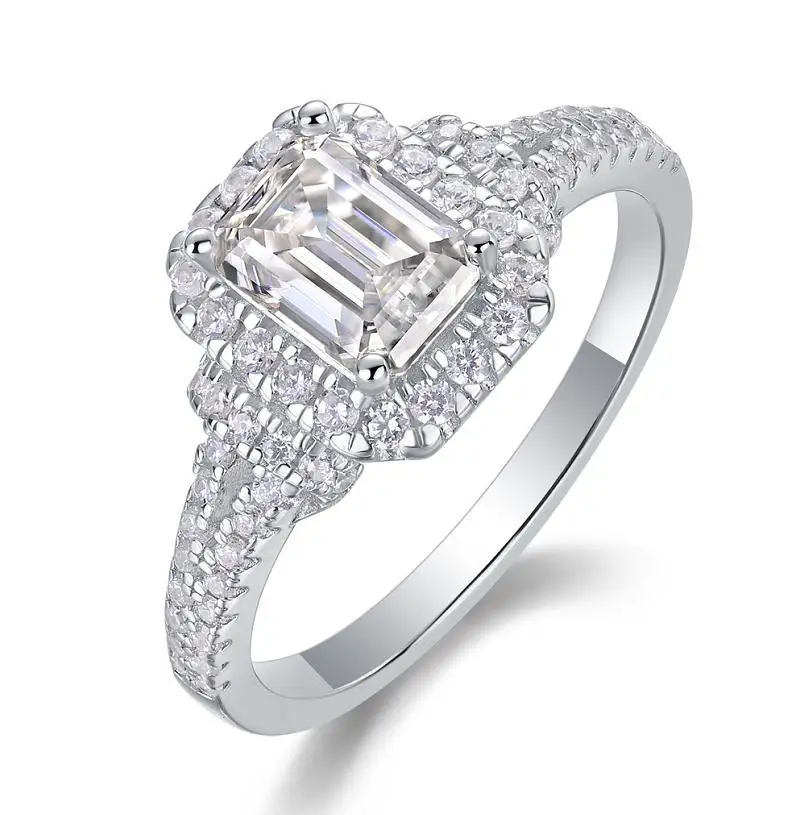 

1ct Emerald Cut D Color VVS1 Moissanite S925 Silver Halo Paved Ring Luxury High-End Full Paved Baguette Engagement Wedding Anniv