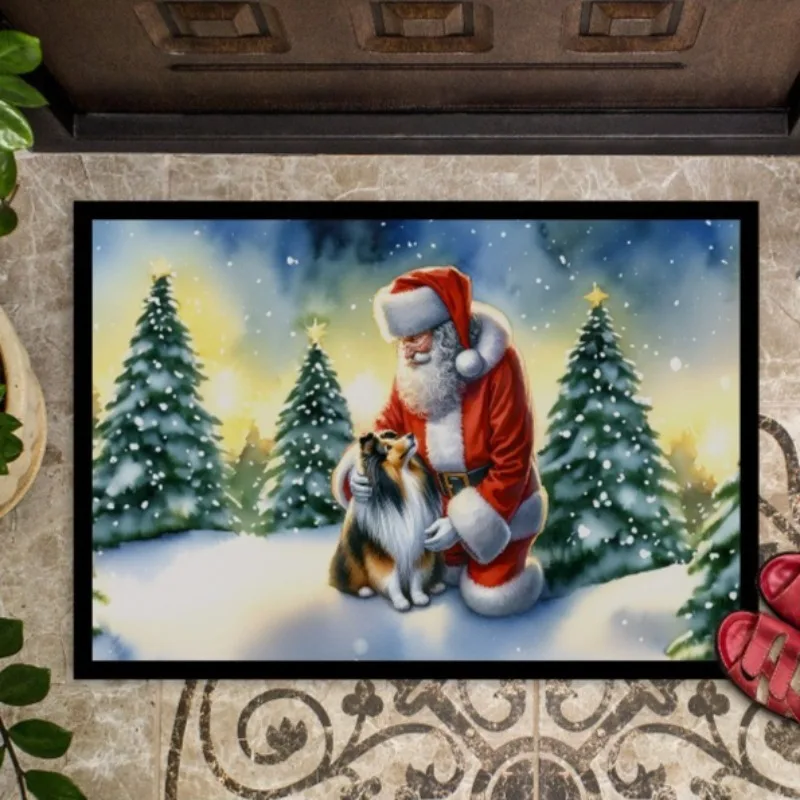 

Festive Sheltie & Santa Claus Doormat – Christmas Gift 18x27in Non Slip Washable Indoor Outdoor Entryway Rug