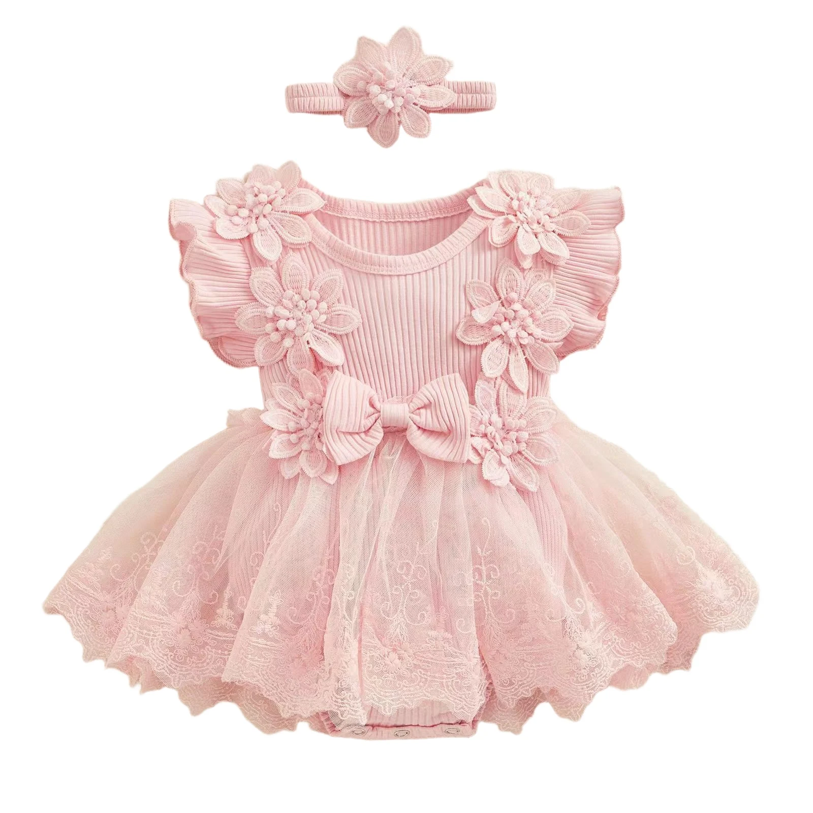 3D Flower Summer Baby Girls Romper Princess Mesh Newborn Clothes Lace Patchwork Ruffle Bodysuit Dress Headband Kids Clothing