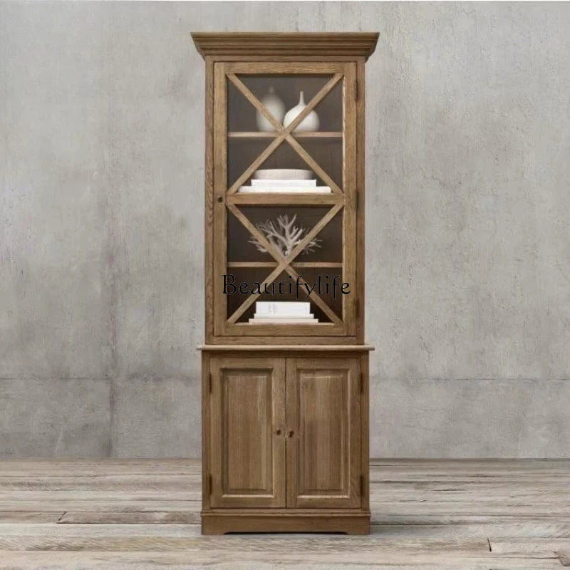 

American rural solid wood single-door bookcase French retro old double-door dining side display cabinet
