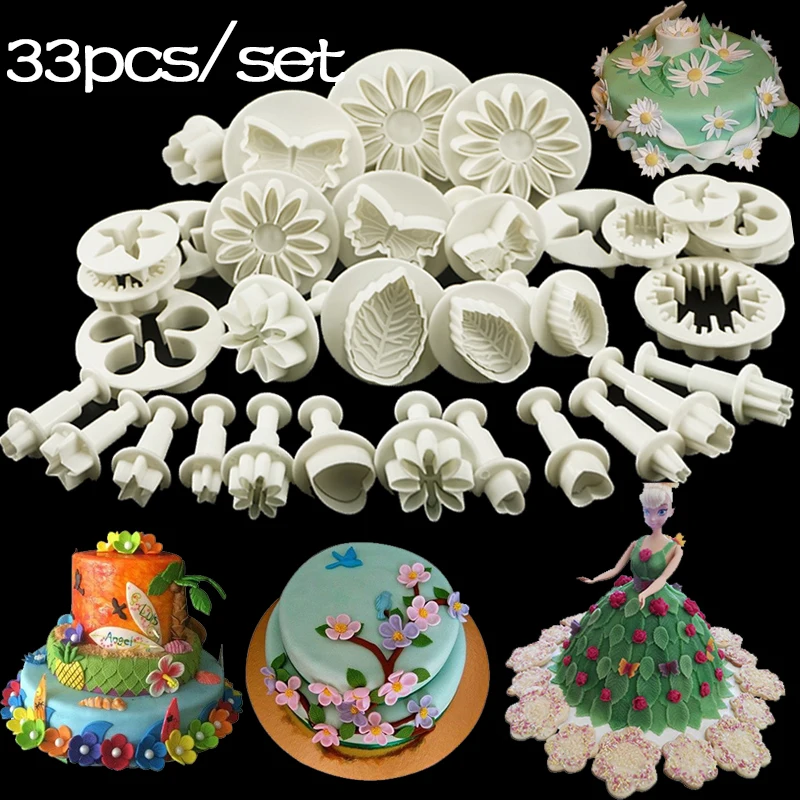 33pcs Plunger Fondant Cutter Cake Tools Cookie Mold Biscuit Mould DIY Craft 3D Bakeware Sets Baking Mold Pastry Decorating Tools