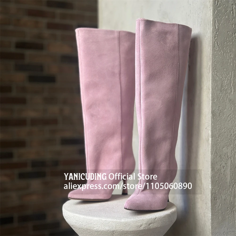 Suede Pointed Toe Stiletto Knee High Boots Multicolor Suede Wide Shaft High Heel Tall Boots Minimalist Custom High Heeled Boots