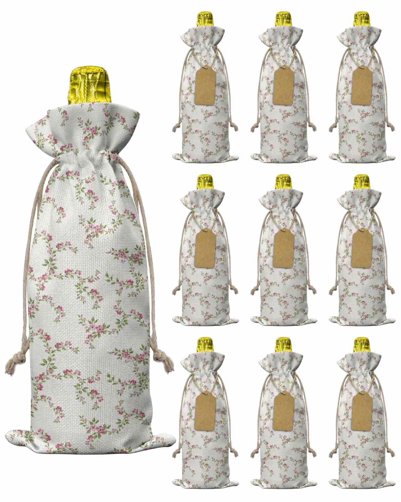 10pcs Simplicity Rural Warmth Retro Style Rose PetalsWine Bottle Bag with Drawstring Festive Party Decor Wine Bottle Covers Gift