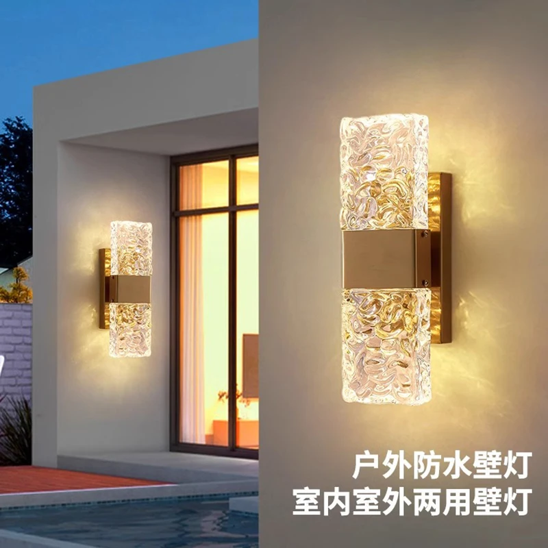 

Outdoor Luxury Crystal Wall Lamp Waterproof Garden Porch Lights TV Background Corridor Staircase Glassrectangle Wall Sconce