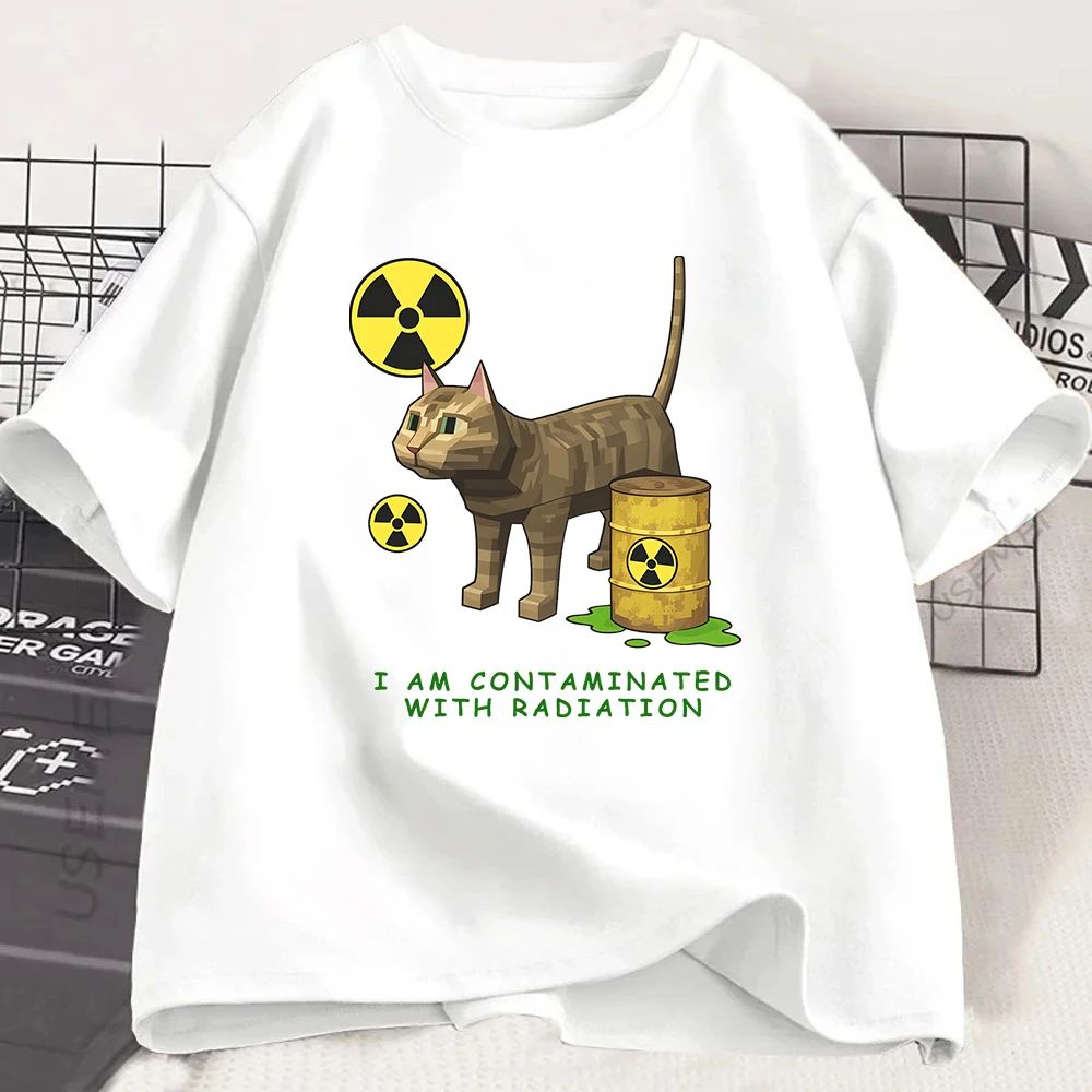 Lustiges Katzen-Strahlungs-Grafik-T-Shirt „I Am Contaminated With Radiation“-Print-T-Shirt, Sommer-Kurzarm-Shirt, lässiges Humor-Top für Damen