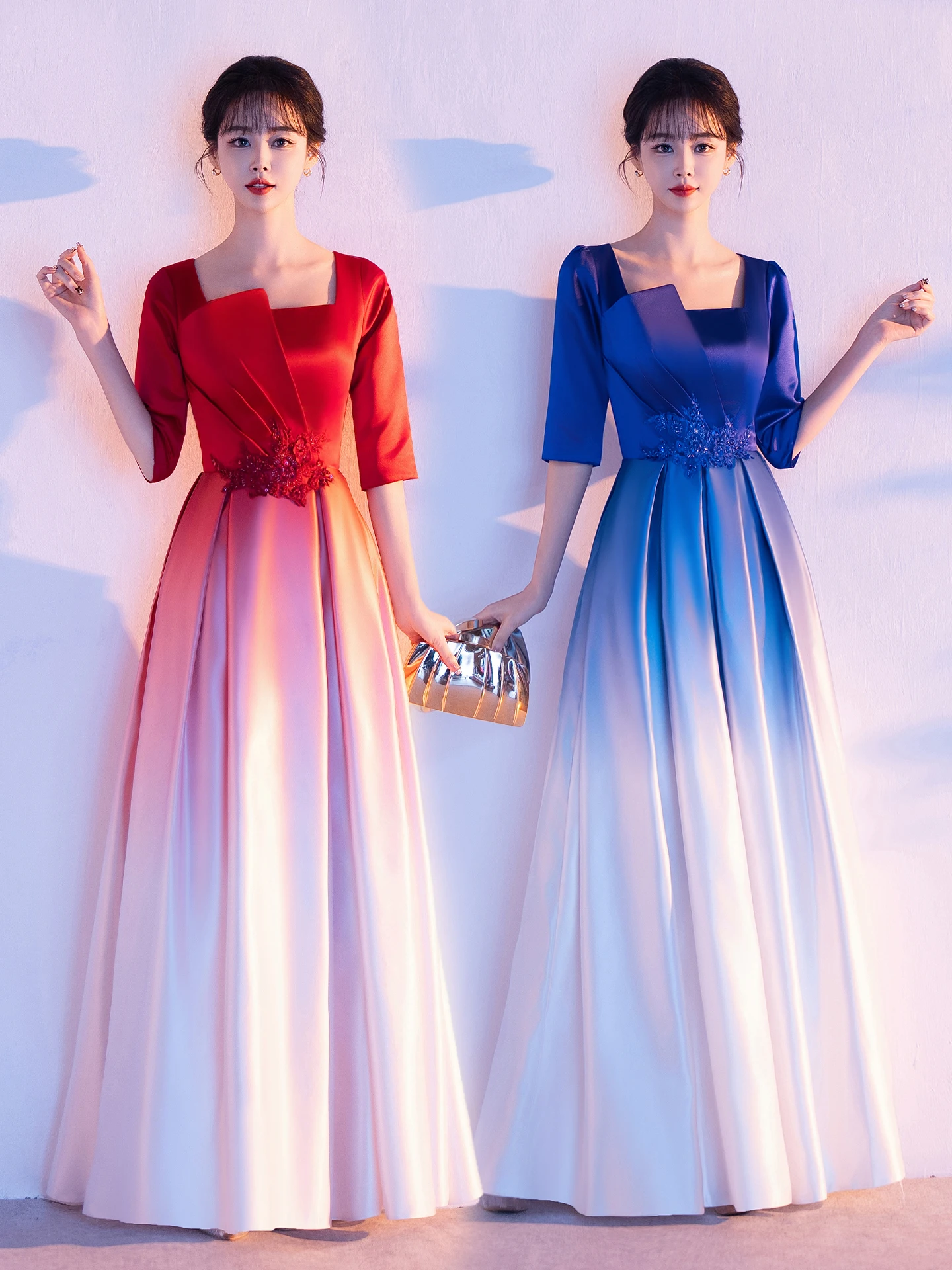 

Двухцветное красное женское длинное платье для выступлений в корейском стиле, с завышенной талией, длиной в пол