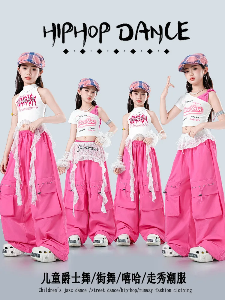 Kids Hip Hop Dance Outfit White Halter Crop Top Pink Pocket Cargo Pants Girls Kpop Jazz Stage Streetwear Competition Costumes