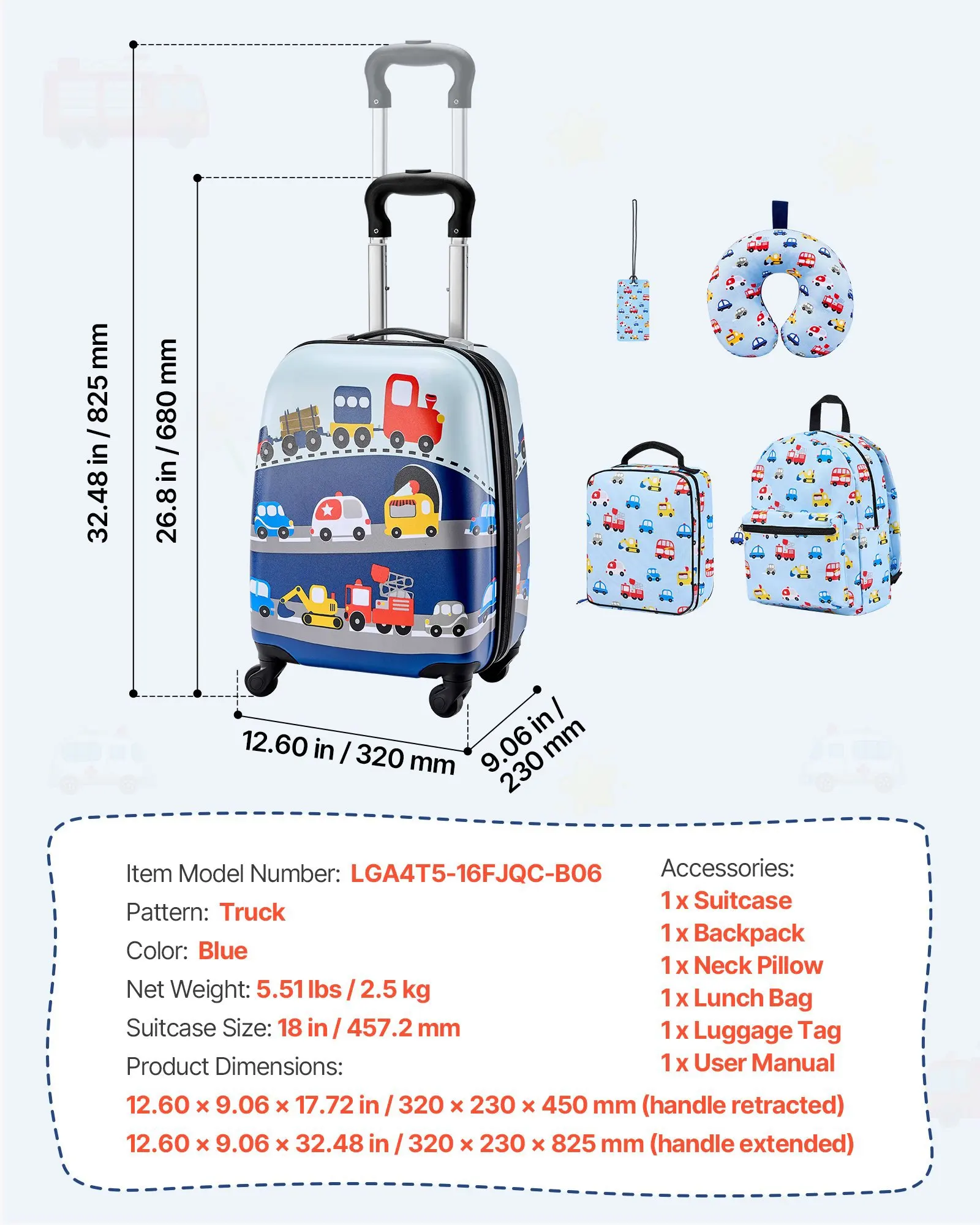 

Детский дорожный набор из 5 предметов: чемодан на колесиках 18 дюймов с жестким корпусом, рюкзак и U-образная подушка, ручная кладь для детей с рисунком грузовика
