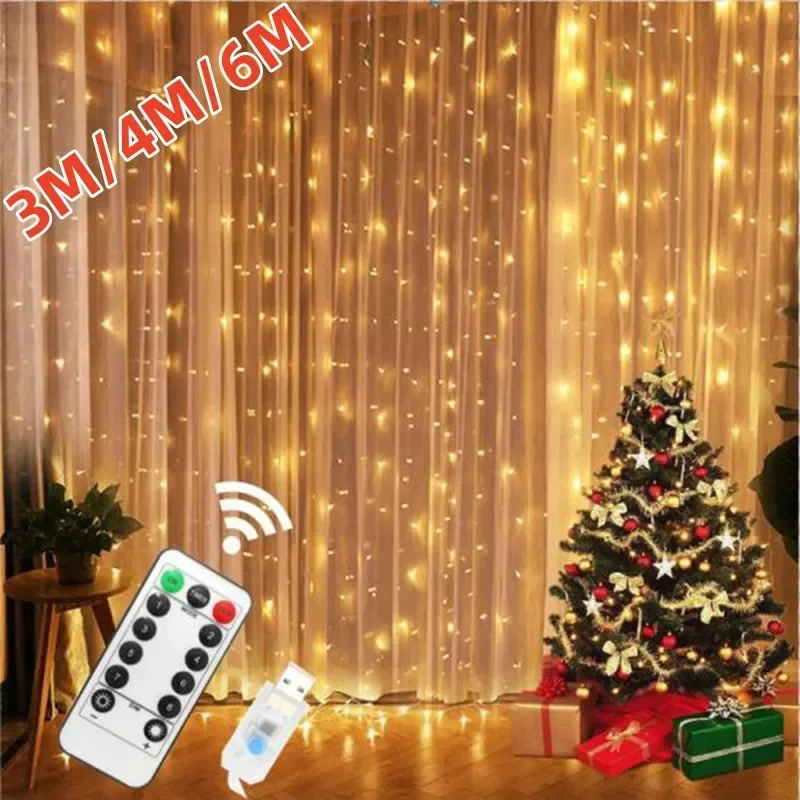 Cortina de luces USB con Control remoto, guirnalda de 8 modos para Navidad, boda, fiesta, vacaciones, decoración del hogar y dormitorio, 3M, 4M, 6M