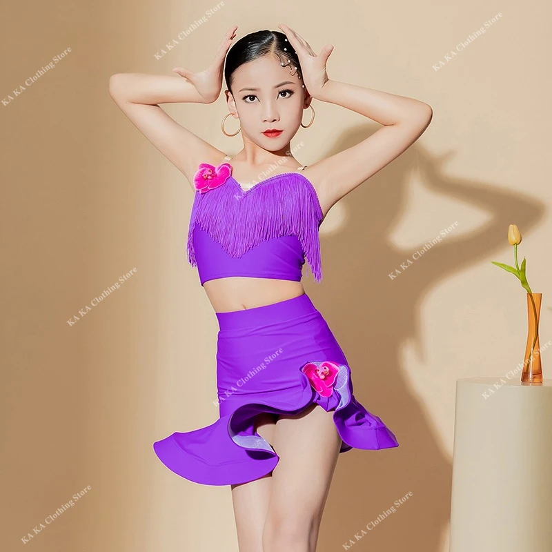 

Детские костюмы с бахромой для румбы, Танго, сальсы, блестящие бальные костюмы, латинское платье для девочек, детские сценические костюмы, костюм