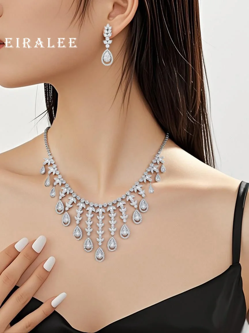 

Trendy Women Fashion Jewelry Set For Wedding Cubic Zirconia Romantic Bridal Finger Ring Tassel Earrings Super Qualit