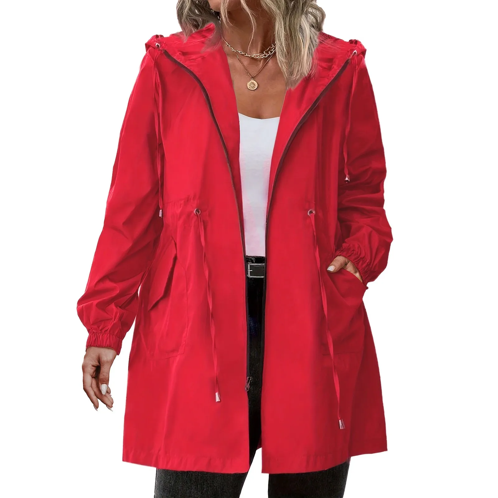 

Женский плащ, новая весенне-осенняя куртка, повседневная ветровка средней длины с длинными рукавами и капюшоном, женское пальто, пальто высокого качества