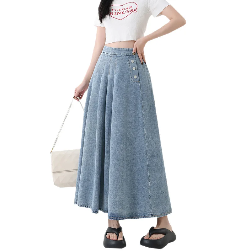 

Vintage Pleated Denim Skirt For Women Spring and Summer Elastic High-waisted Long A-line Skirt