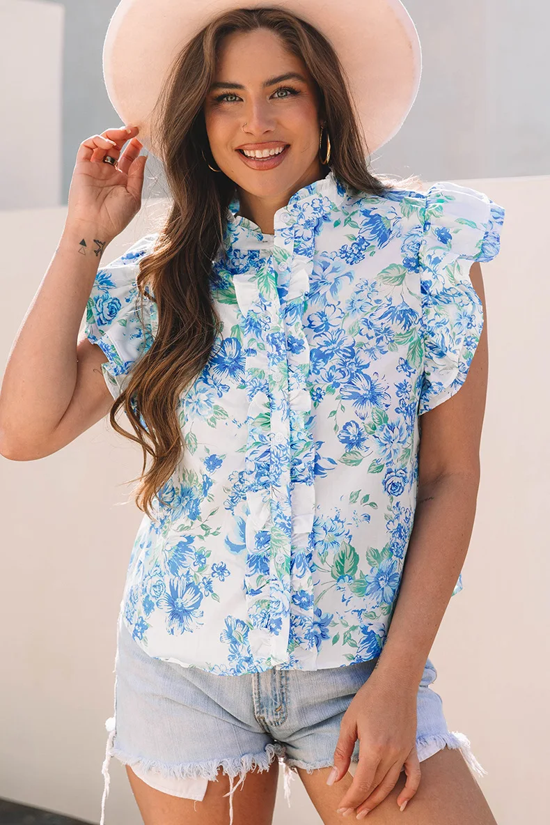 

Spring And Summer New Button Ruffle Short Sleeved T-shirt For Women Fashion Trend Floral Print Loose Vacation Top Female 2025