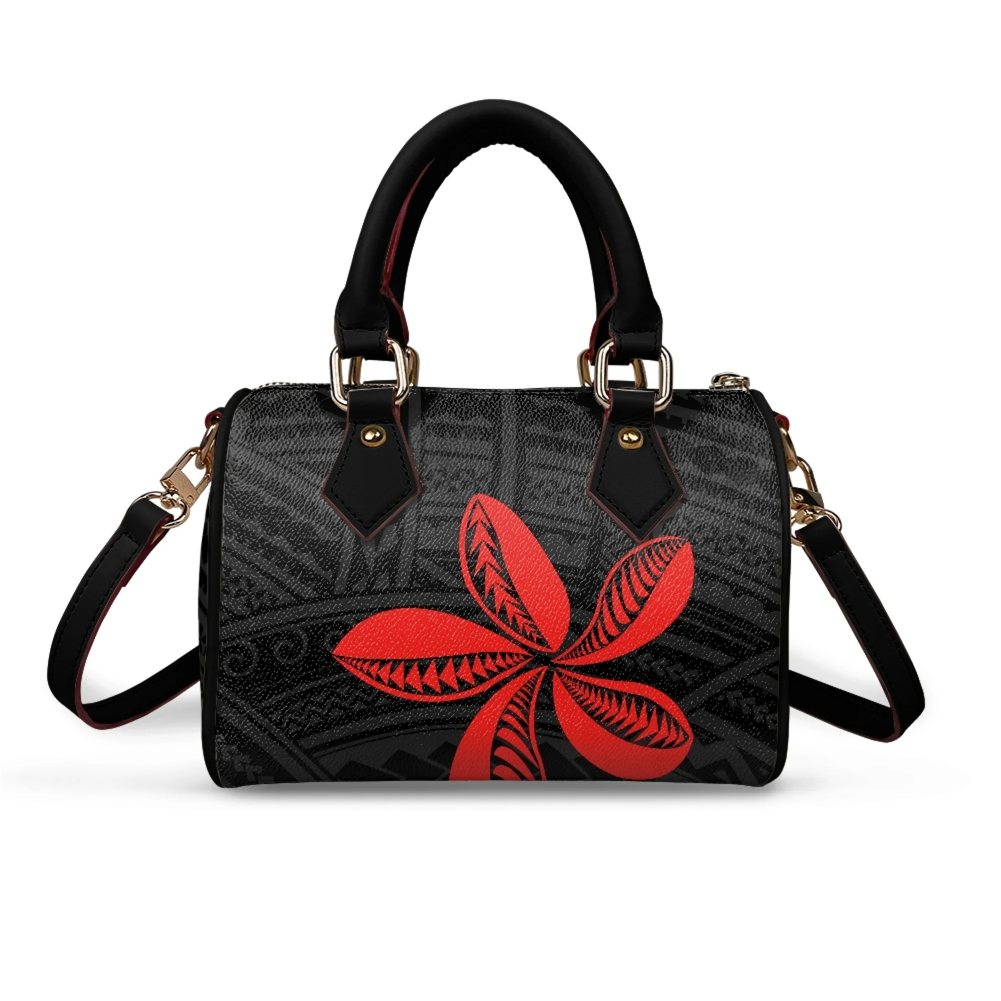 Polynesian Custom Printed Women And Girls Leisure Travel Portable Black Floral Tote Shopping Storage Makeup Bag Pillow Bag