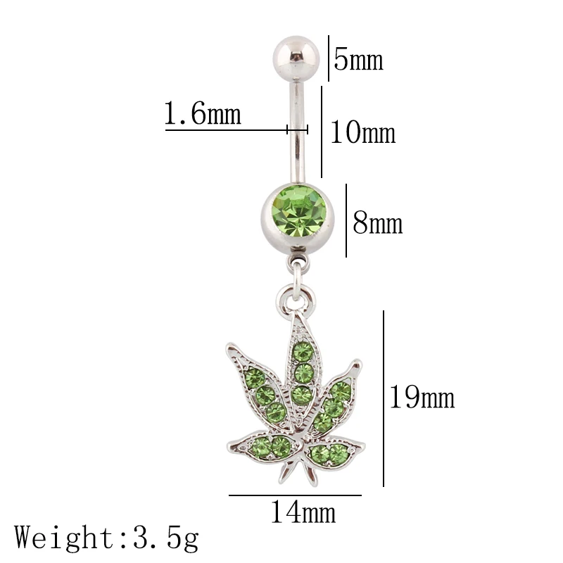 Belly button ring Banana Dangle Leaf Green Rhinestones Navel bar 14G Stainless steel 10mm Pin Piercing jewelry Nickel free