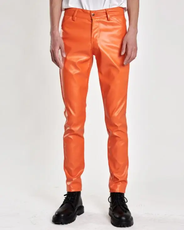 Spring Summer Thin Youth Men Leather Pants, Men Elastic Slim Hair Clipper Leather Pants Bar Colored Leather Trousers
