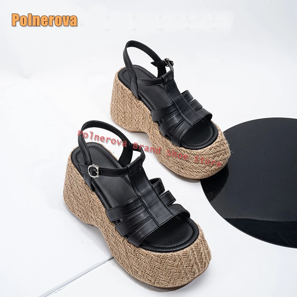 

Черные тканые сандалии на толстой подошве с Т-образным ремешком и пряжкой, женская обувь для отдыха на платформе с вырезами, увеличивающая рост, летняя тенденция 2023 г.