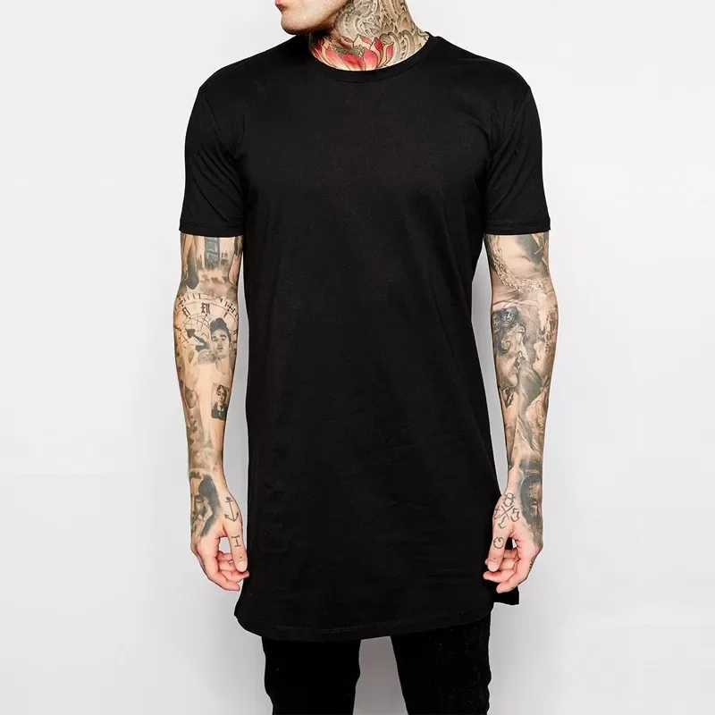 2022 Men's Black Long T-shirt Hip Hop Style Casual Tee Shirt Top