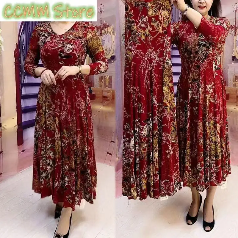 

Casual Fashion Floral Printed Long Dress Female Clothing Elegant V-Neck Spring Autumn A-Line Waist Vintage Long Sleeve Dresses